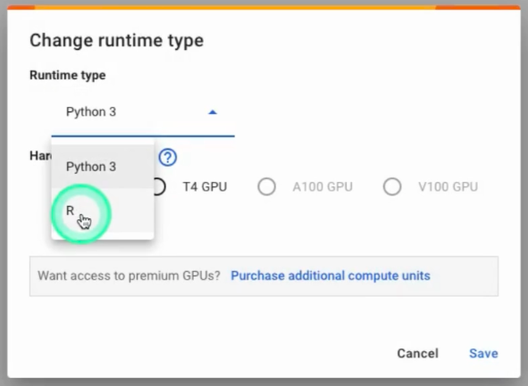 Figure explaining how to use R in Google Colab