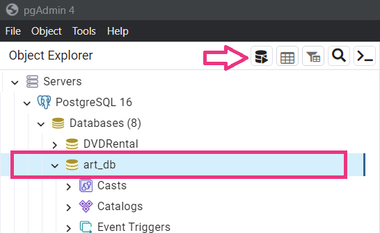 Where to find the query tool in pgAdmin